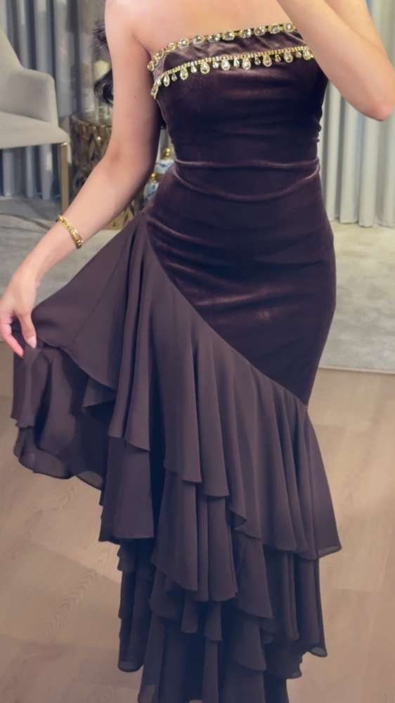 Velvet evening dress with chiffon overlay