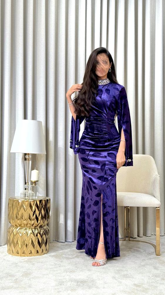Royal Purple Velvet Dress with Crystal-Embellished Collar and Cuffs