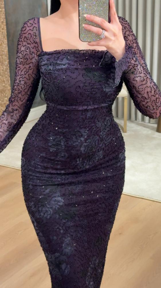 Dark lilac evening dress with delicate embroidery