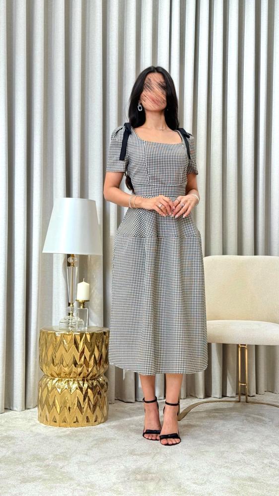 Checkered Dress with Black Shoulder Bows