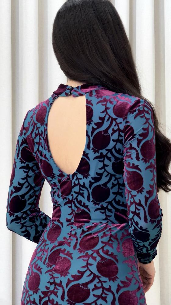 Turquoise Soft Tulle Dress with Burgundy Velvet Pomegranate Motifs