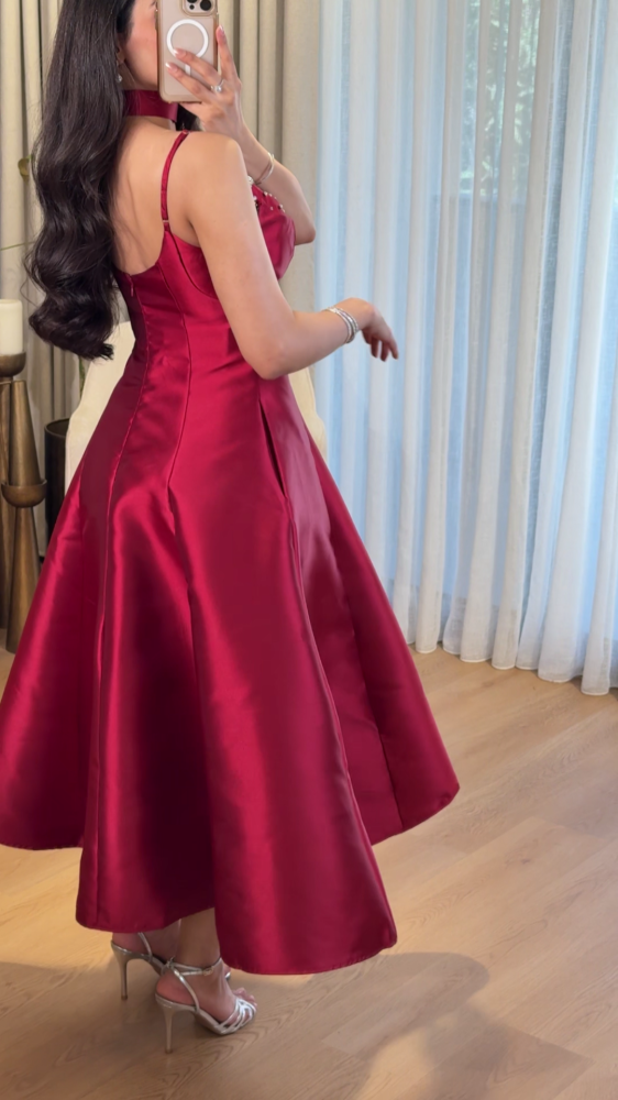 Red dress with luxurious pearl and crystal studs