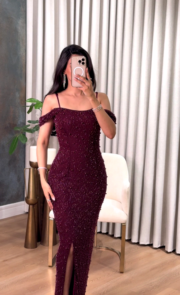 Off-shoulder burgundy evening dress