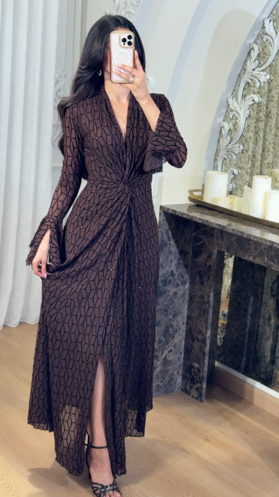 Mocha brown dress with luxurious geometric patterns