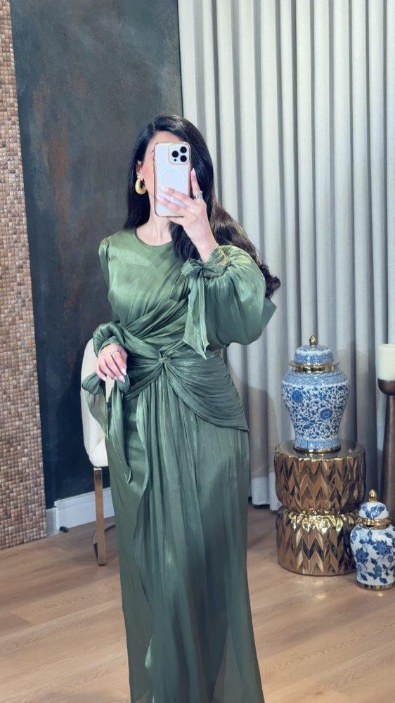 Soft olive pastel dress with shine
