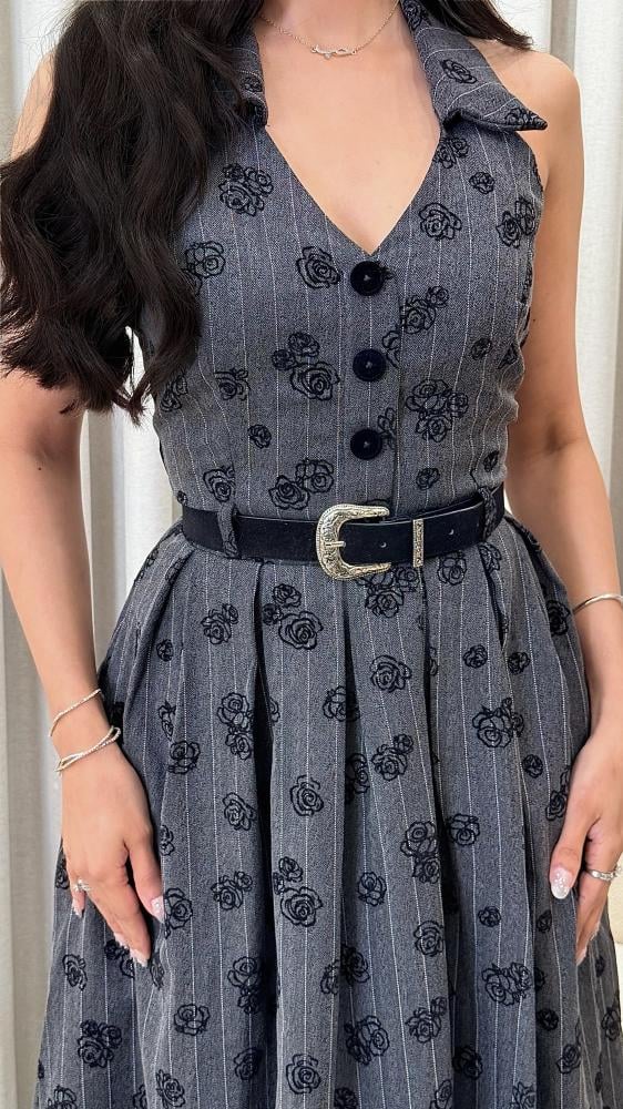 Grey Floral Embroidered Dress with Tailored-Inspired Design and Waist Belt