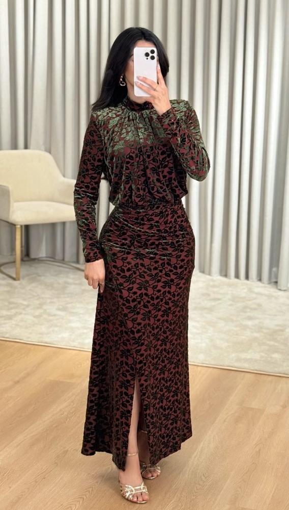 Terracotta Soft Tulle Dress with Emerald Green Velvet Flocked Pattern