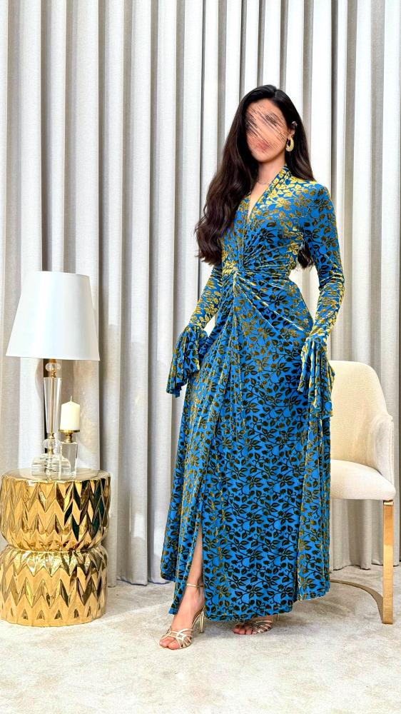 Turquoise Soft Tulle Dress with Golden Velvet Pattern