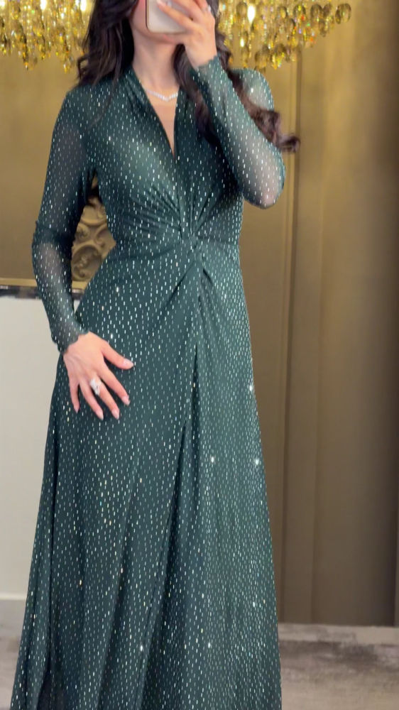 Soft olive tulle dress with scattered crystals