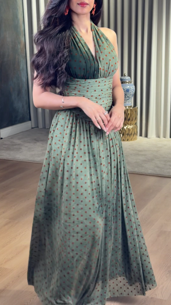 Velvet dress decorated with small copper dots