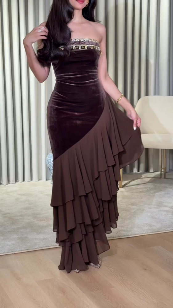 Velvet evening dress with chiffon overlay