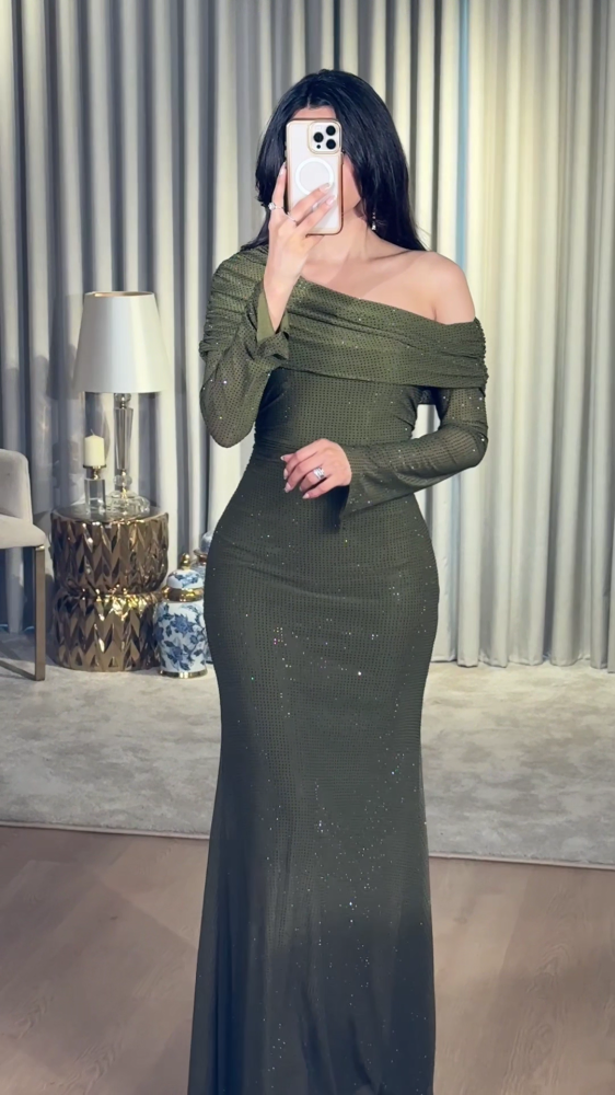Off-shoulder evening dress, olive with crystals