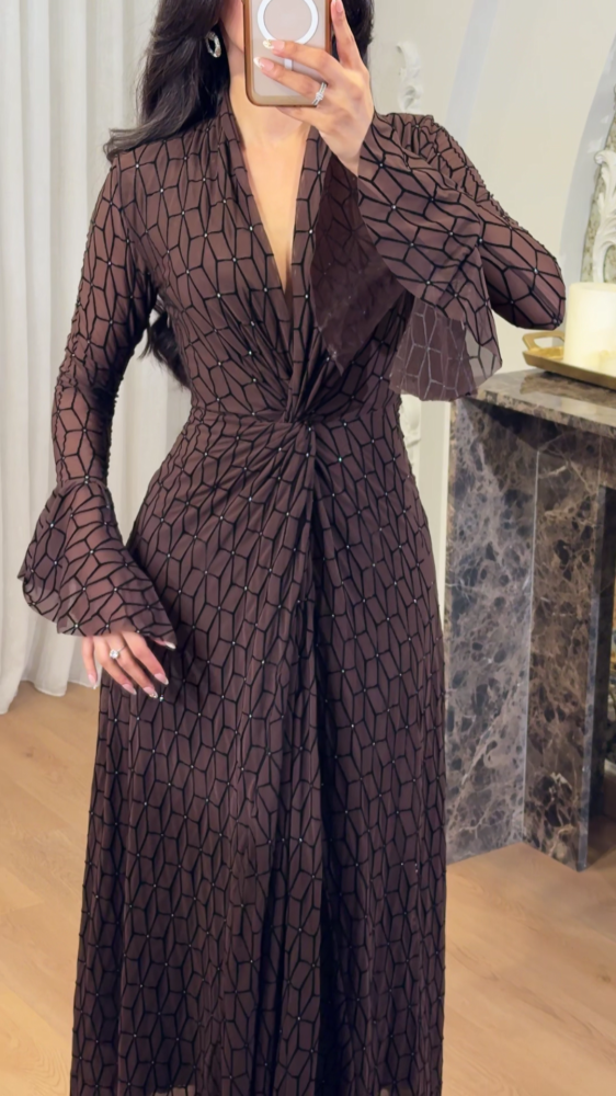 Mocha brown dress with luxurious geometric patterns