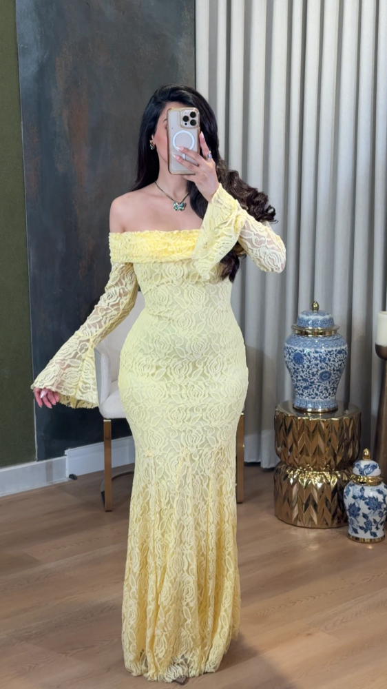 Pastel yellow long lace dress