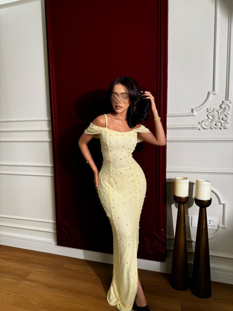 Yellow off-shoulder evening dress