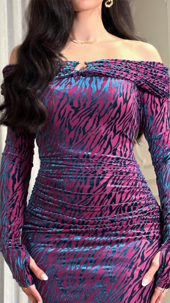 Fuchsia Soft Tulle Dress with Blue Velvet Zebra Flocking – Off-Shoulder Draped Evening Gown
