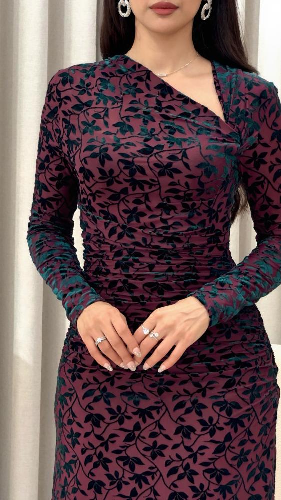 Burgundy Soft Tulle Dress with Dark Velvet Floral Patterns