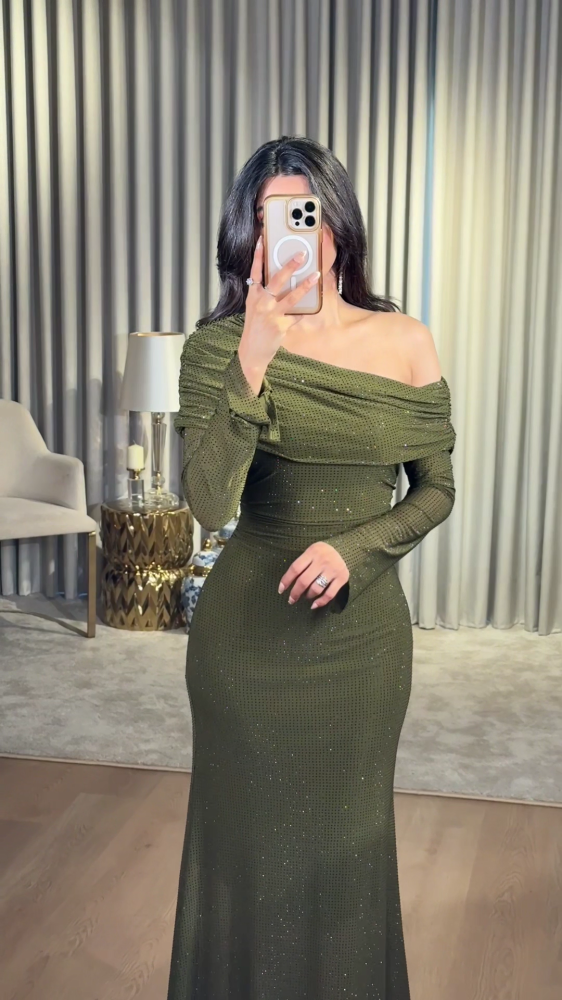 Off-shoulder evening dress, olive with crystals