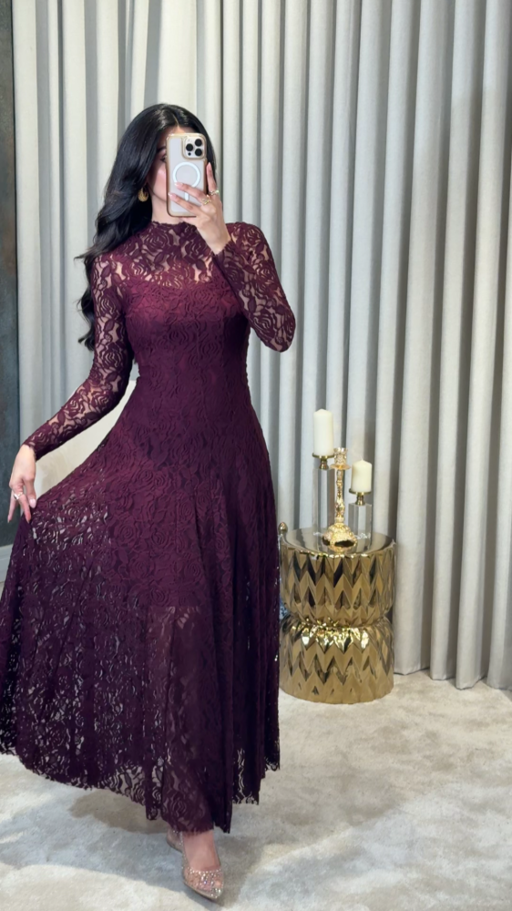 Long burgundy lace evening dress with sheer sleeves