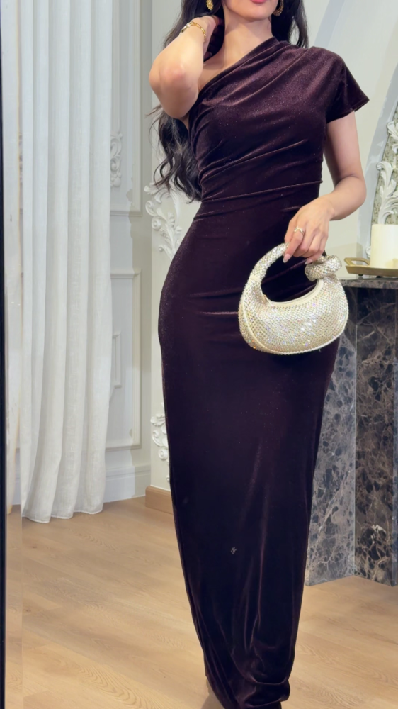 One-shoulder mocha velvet dress
