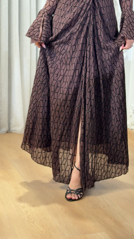 Mocha brown dress with luxurious geometric patterns