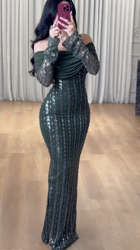 Luxury dress - olive green off shoulder