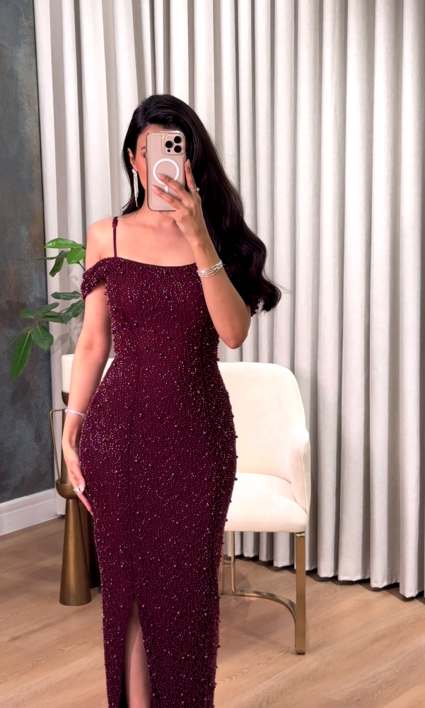Off-shoulder burgundy evening dress