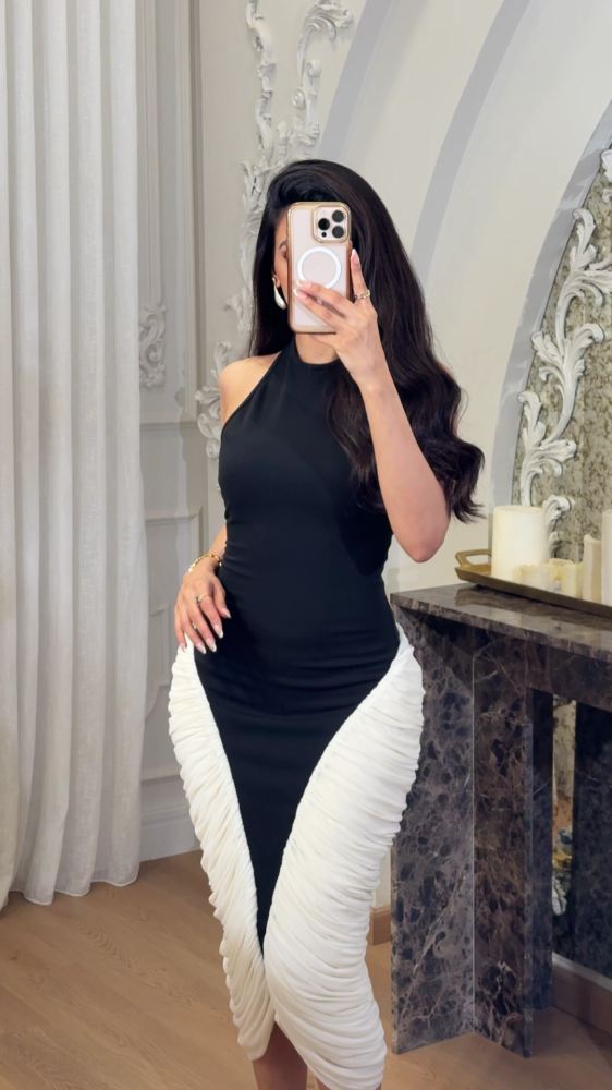 Black and white wrap dress with charming drape ruffles