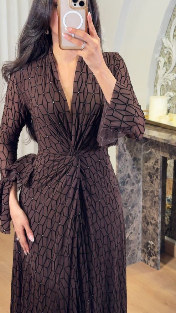 Mocha brown dress with luxurious geometric patterns