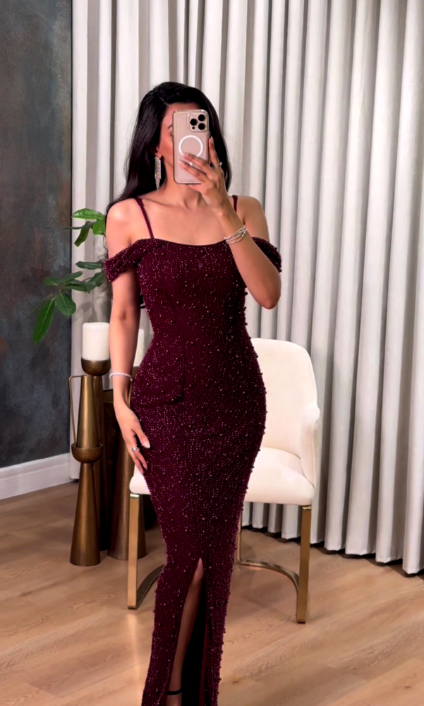 Off-shoulder burgundy evening dress