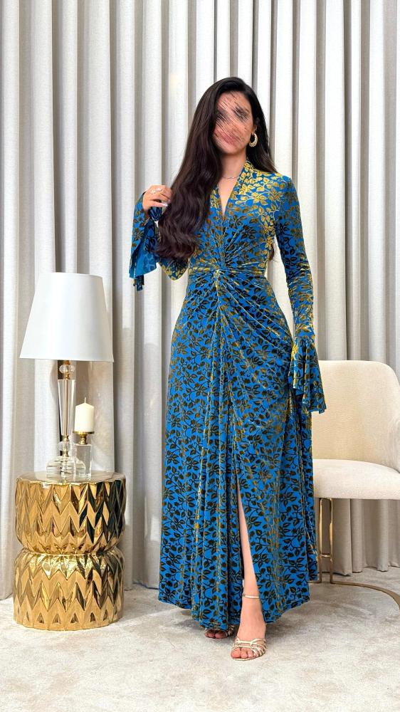 Turquoise Soft Tulle Dress with Golden Velvet Pattern