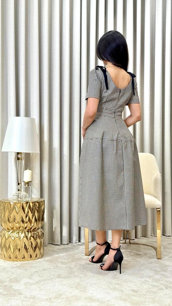 Checkered Dress with Black Shoulder Bows