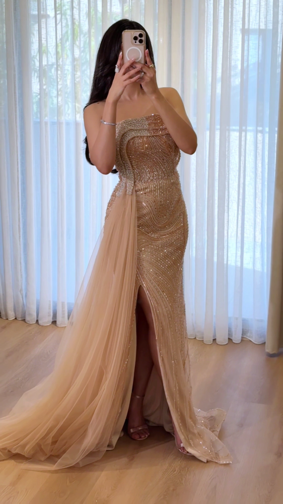 Beige-golden evening dress, fully studded