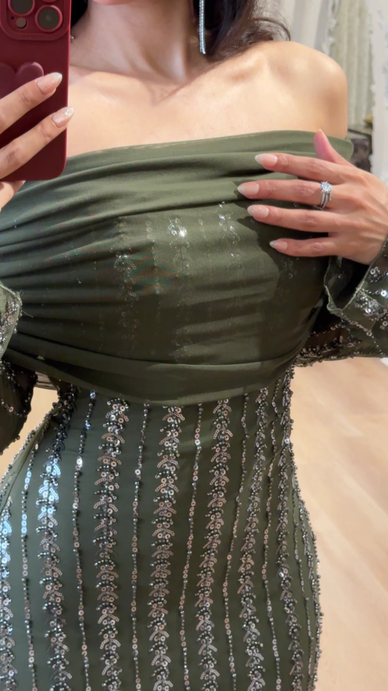 Luxury dress - olive green off shoulder