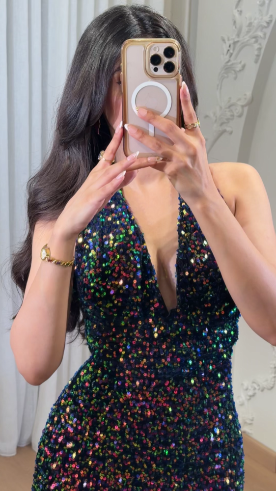 Evening dress studded with colorful sequins - halter design with a charming shine