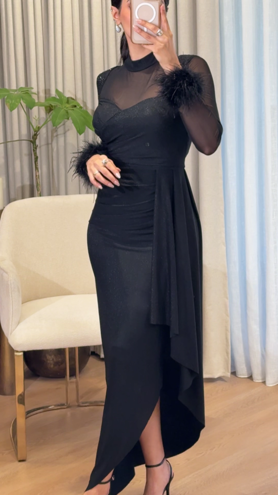 Royal black dress with feathers on the sleeves