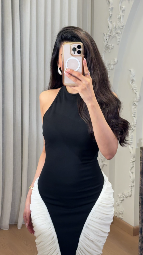 Black and white wrap dress with charming drape ruffles