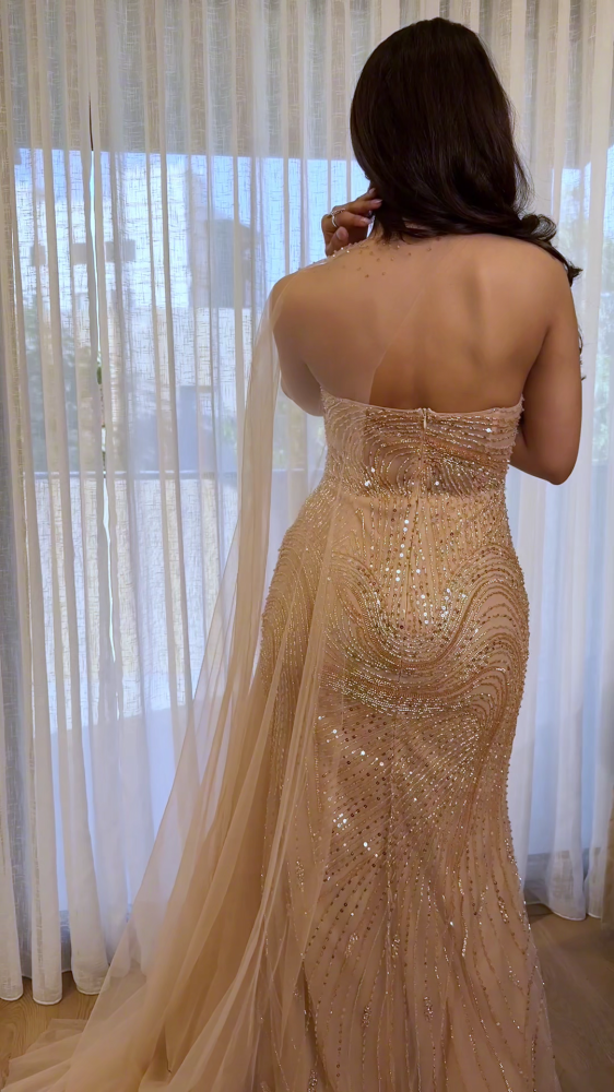 Beige-golden evening dress, fully studded
