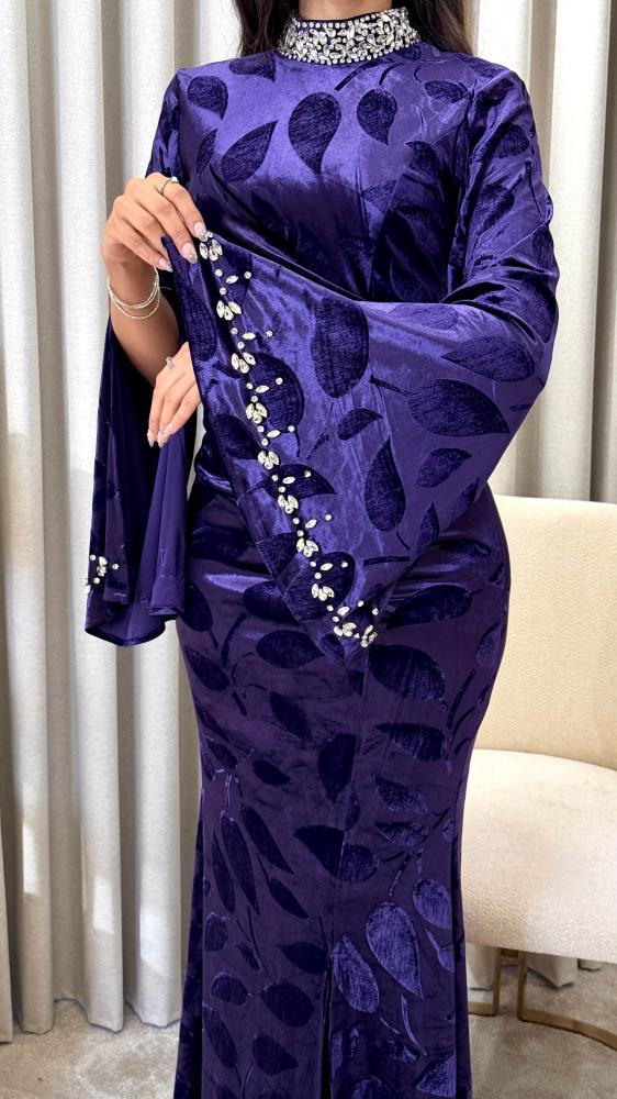 Royal Purple Velvet Dress with Crystal-Embellished Collar and Cuffs