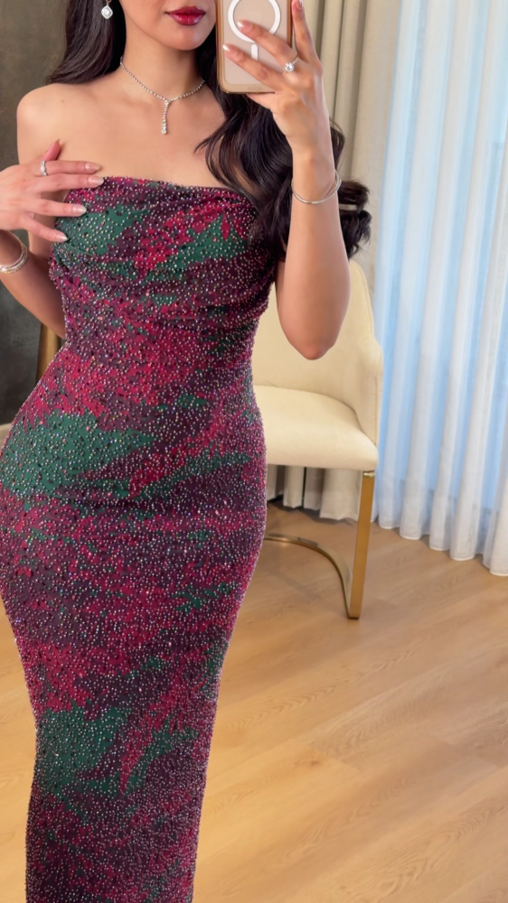 Burgundy and green corrugated top evening dress