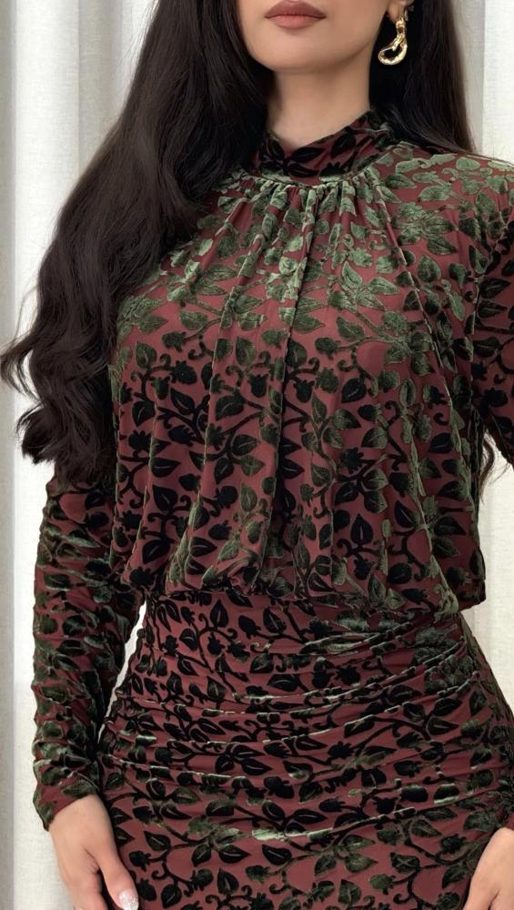 Terracotta Soft Tulle Dress with Emerald Green Velvet Flocked Pattern