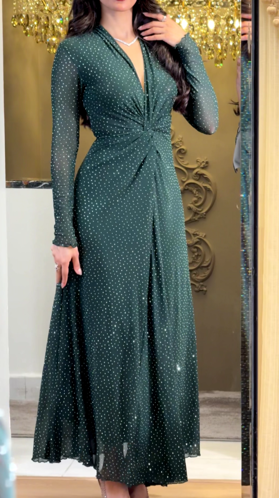 Soft olive tulle dress with scattered crystals