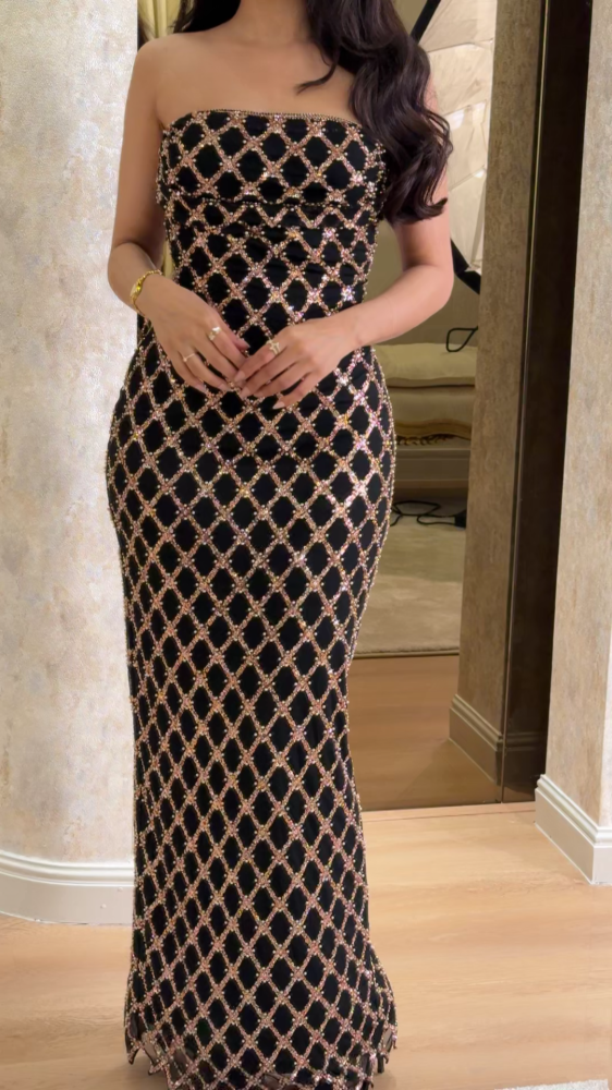 فستان سهرة توب شك برونزي بنمط خطوط متشابكة