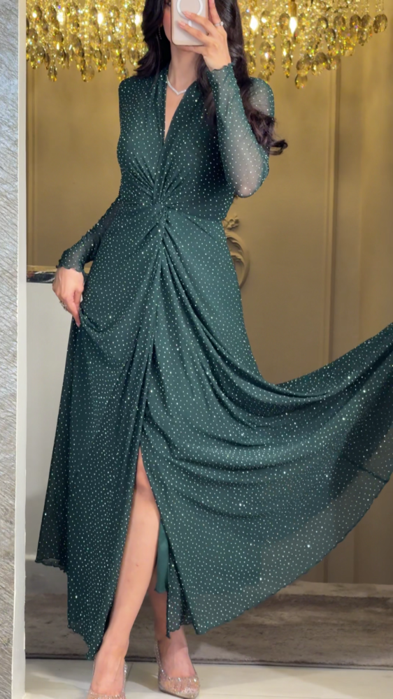 Soft olive tulle dress with scattered crystals