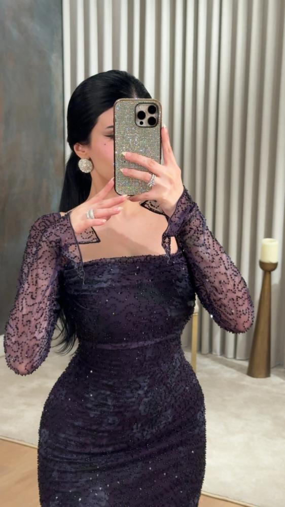 Dark lilac evening dress with delicate embroidery