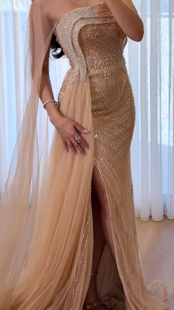 Beige-golden evening dress, fully studded