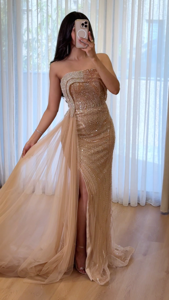 Beige-golden evening dress, fully studded