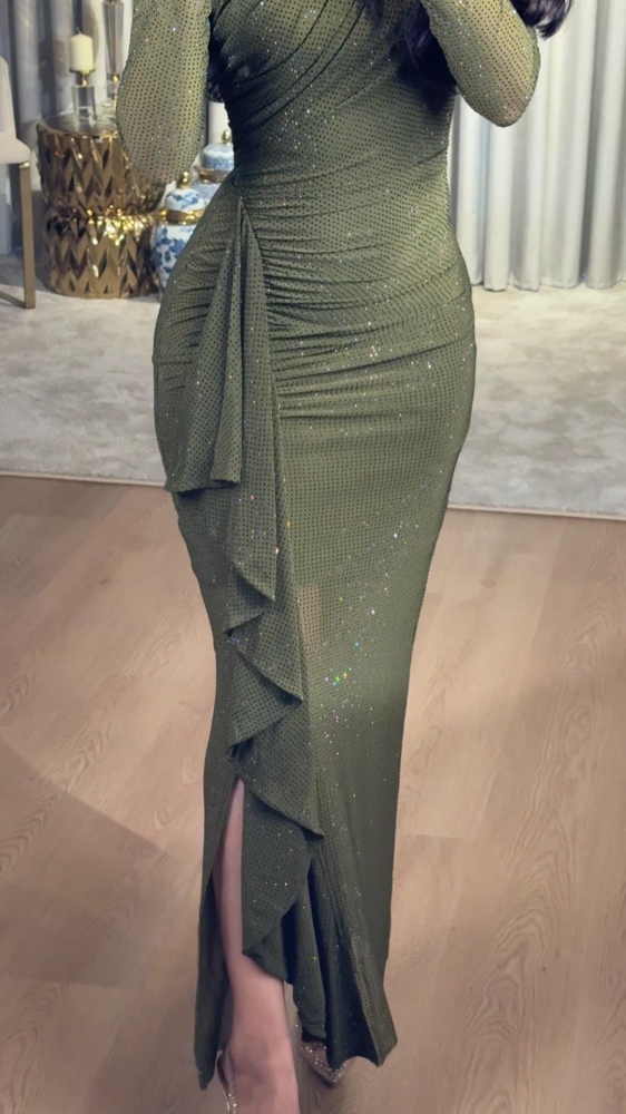 Olive evening dress with scattered crystals