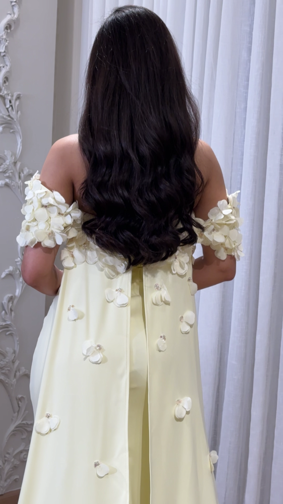 Lemon evening dress with ruffled flowers