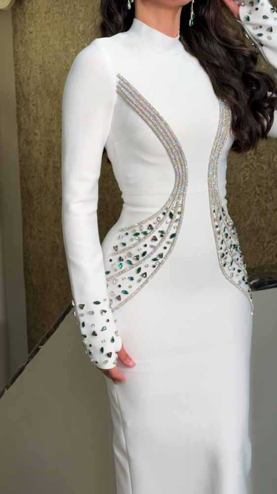 Royal white evening dress studded with crystals